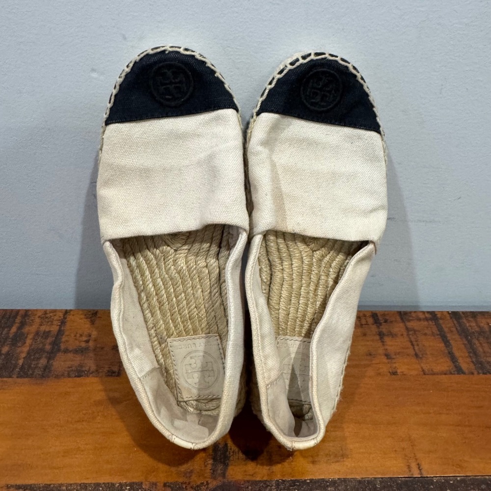 Tory Burch Canvas Espadrille Flats Cream Color-Block Logo Cap Toe Women's 6.5 - Picture 3 of 9